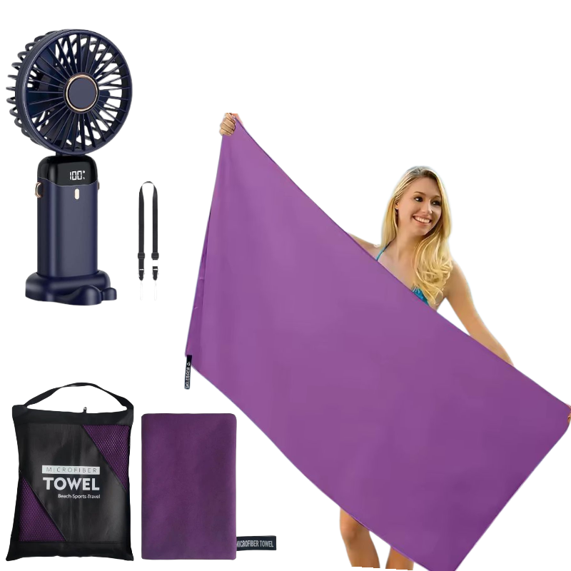 Mini Ventilateur Rechargeable + Grande Serviette en Microfibre Ultra-Absorbante